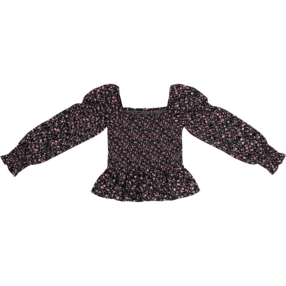 Dizzy Lizzy Floral Smocked Peplum Top Black Pink Puff Sleeve Square Neck XL